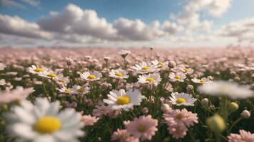 AI Generative. Pink and white Chamomile field in twilight sky photo