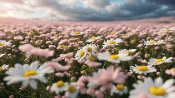 AI Generative. Pink and white Chamomile field in twilight sky photo