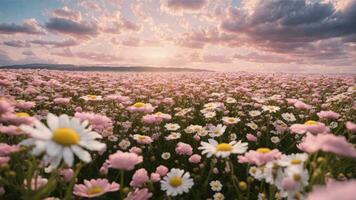 AI Generative. Pink and white Chamomile field in twilight sky photo