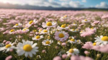 AI Generative. Pink and white Chamomile field in twilight sky photo