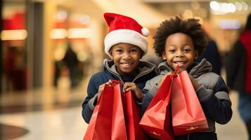 ai generative  People of different ethnicity, age and gender holding christmas shopping gift bags in mall all over the world photo