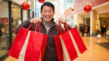 ai generative  People of different ethnicity, age and gender holding christmas shopping gift bags in mall all over the world photo