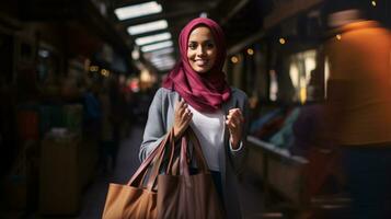 ai generative  People of different ethnicity, age and gender holding christmas shopping gift bags in mall all over the world photo