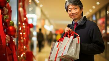 ai generative  People of different ethnicity, age and gender holding christmas shopping gift bags in mall all over the world photo