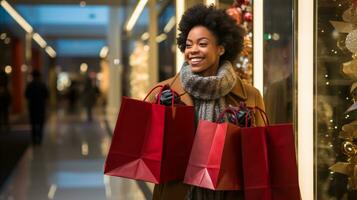 ai generative  People of different ethnicity, age and gender holding christmas shopping gift bags in mall all over the world photo