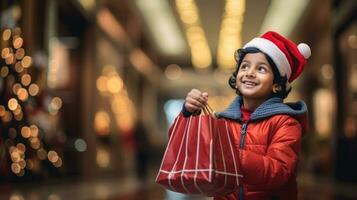 ai generative  People of different ethnicity, age and gender holding christmas shopping gift bags in mall all over the world photo