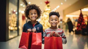 ai generative  People of different ethnicity, age and gender holding christmas shopping gift bags in mall all over the world photo