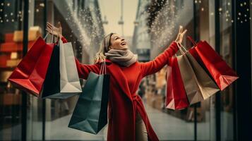 ai generative  People of different ethnicity, age and gender holding christmas shopping gift bags in mall all over the world photo