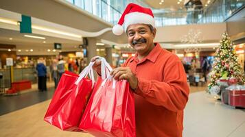 ai generative  People of different ethnicity, age and gender holding christmas shopping gift bags in mall all over the world photo