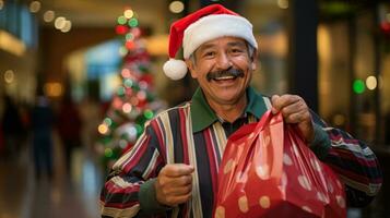 ai generativo personas de diferente etnicidad, años y género participación Navidad compras regalo pantalones en centro comercial todas terminado el mundo foto
