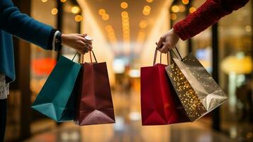 ai generative  People of different ethnicity, age and gender holding christmas shopping gift bags in mall all over the world photo