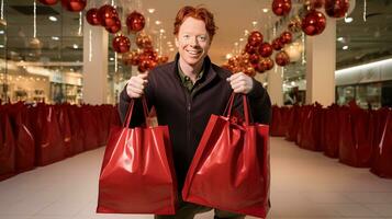 ai generative  People of different ethnicity, age and gender holding christmas shopping gift bags in mall all over the world photo