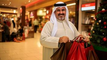 ai generative  People of different ethnicity, age and gender holding christmas shopping gift bags in mall all over the world photo