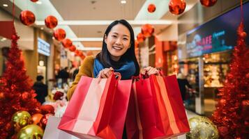 ai generative  People of different ethnicity, age and gender holding christmas shopping gift bags in mall all over the world photo