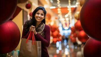 ai generative  People of different ethnicity, age and gender holding christmas shopping gift bags in mall all over the world photo