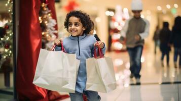 ai generativo personas de diferente etnicidad, años y género participación Navidad compras regalo pantalones en centro comercial todas terminado el mundo foto