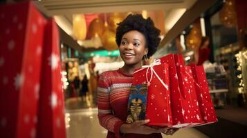 ai generative  People of different ethnicity, age and gender holding christmas shopping gift bags in mall all over the world photo