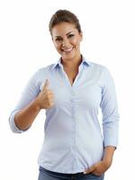 contento sonriente mujer en blanco camisa demostración pulgares arriba en blanco antecedentes. generativo ai foto