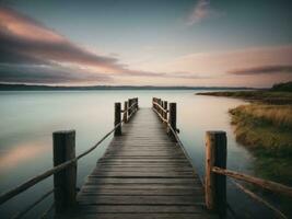 pequeño de madera puente cerca lago en puesta de sol. ai generativo foto