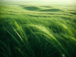 verde césped campo en Mañana naturaleza antecedentes. ai generativo foto