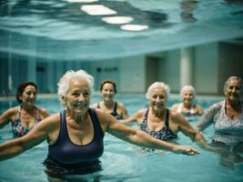 activo mayor mujer disfrutando agua ajuste clase en un piscina. generativo ai foto