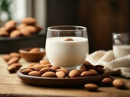 almendra Leche en vaso y Almendras en bol. generativo ai foto