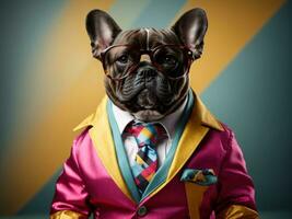 pug dog in colorful suit wearing sunglasses photo