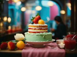 multicolor pastel mantenido en mesa fiesta antecedentes. ai generativo foto