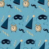 New Year Eve minimalistic seamless pattern with masquerade items. Vector flat hand drawn items with dotted texture on light blue background. Good for background, wrapping paper, textile