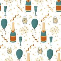 Flat minimalistic seamless celebrating pattern. New Year Eve traditional elements in flat style with dotted texture on white background. Perfect for background, wrapping paper, textile vector