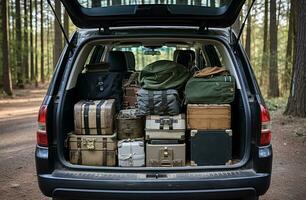 Pile of luggage in the trunk of a car. Travel concept AI Generated photo