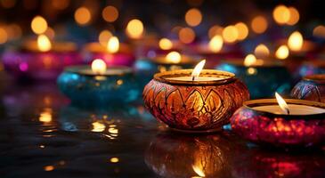 hermosa diwali diya con ardiente velas en oscuro antecedentes ai generado foto