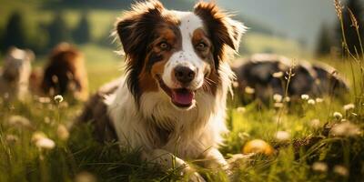 Cute puppy sitting on the grass in a park at sunset AI Generated photo