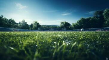 Football or soccer field with green grass and blurred background of stadium AI Generated photo