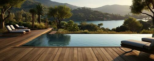 nadando piscina y terraza de el difuminar naturaleza antecedentes concepto ai generado foto