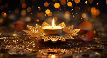 hermosa diwali diya con ardiente velas en oscuro antecedentes ai generado foto