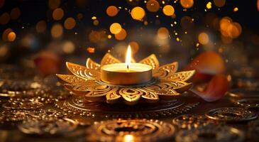 Beautiful diwali diya with burning candles on dark background AI Generated photo