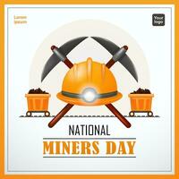 National Miners Day. Mining hammer, project helmet with lights and mining cart. 3d vector, perfect for business, events, websites and social media vector