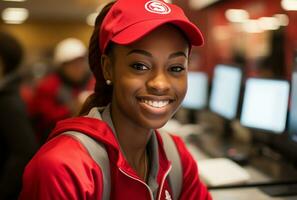 retrato de un joven africano americano cajero sonriente a el cámara en un café tienda ai generado foto