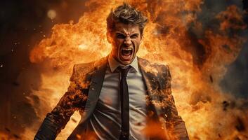 Aggressive businessman screaming in front of a burning building. Fire concept. AI Generated photo