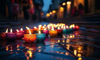 hermosa diwali diya con ardiente velas en oscuro antecedentes ai generado foto