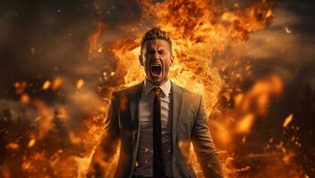 Aggressive businessman screaming in front of a burning building. Fire concept. AI Generated photo