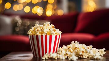 Popcorn in bowl on wooden table with blurred bokeh background AI Generated photo