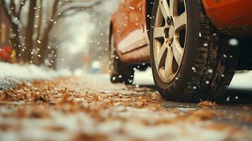 Vintage car on a winter road. Close-up image AI Generated photo