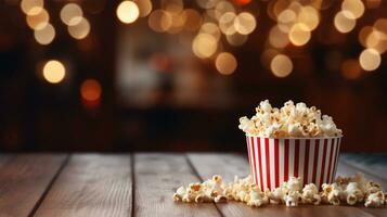 Popcorn in bowl on wooden table with blurred bokeh background AI Generated photo