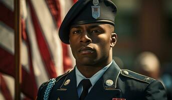 retrato de joven africano americano soldado en el antecedentes de el americano bandera ai generado foto