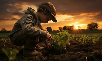 pequeño chico plantando plántulas en el campo en un hermosa puesta de sol. ai generado foto