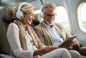 senior couple drinking wine in a private plane. They are sitting at the table and smiling AI Generated photo