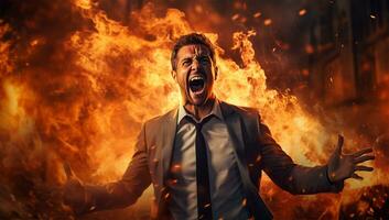 Aggressive businessman screaming in front of a burning building. Fire concept. AI Generated photo