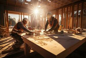 Group of architects working on a building site. They are standing back to back AI Generated photo